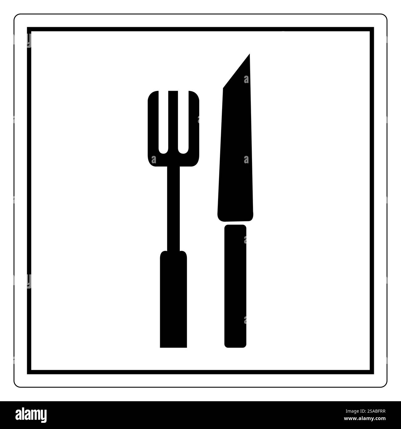 Une icône simple en noir et blanc avec une fourchette et un couteau, parfaite pour représenter des thèmes culinaires et gastronomiques pour les restaurants ou les services alimentaires. Illustration de Vecteur
