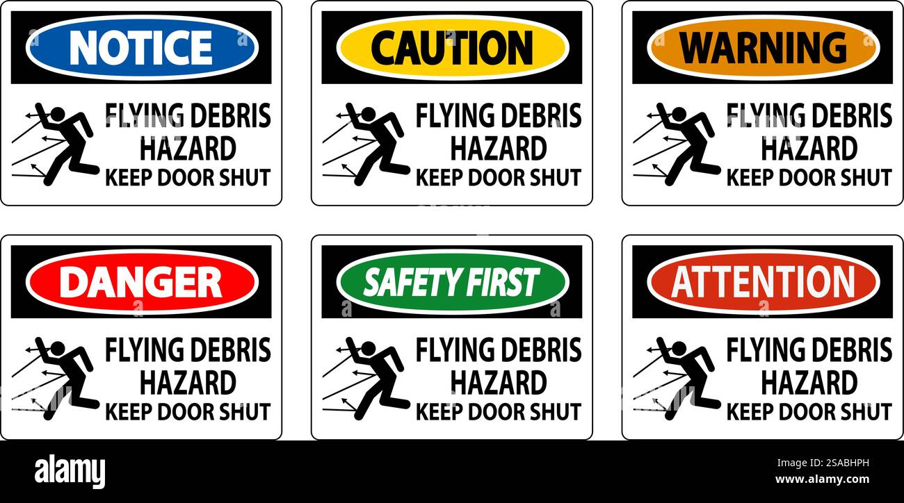 Panneau « interdiction d'entrer », risque de débris volants, garder la porte fermée Illustration de Vecteur