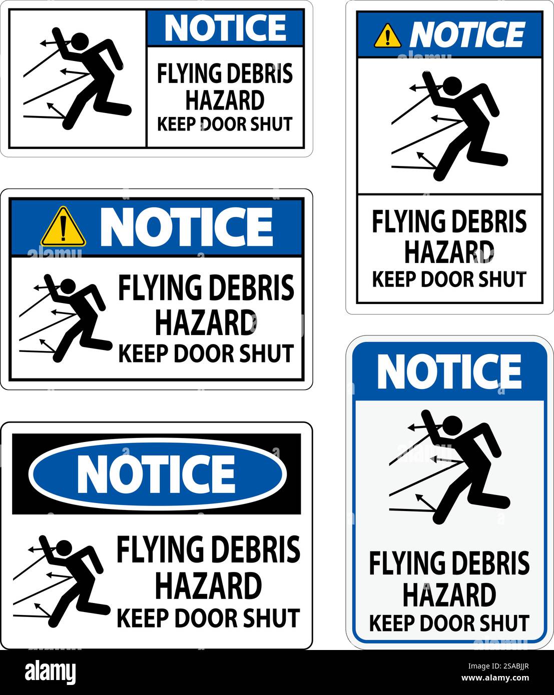 Panneau d'avertissement, risque de débris volants, garder la porte fermée Illustration de Vecteur