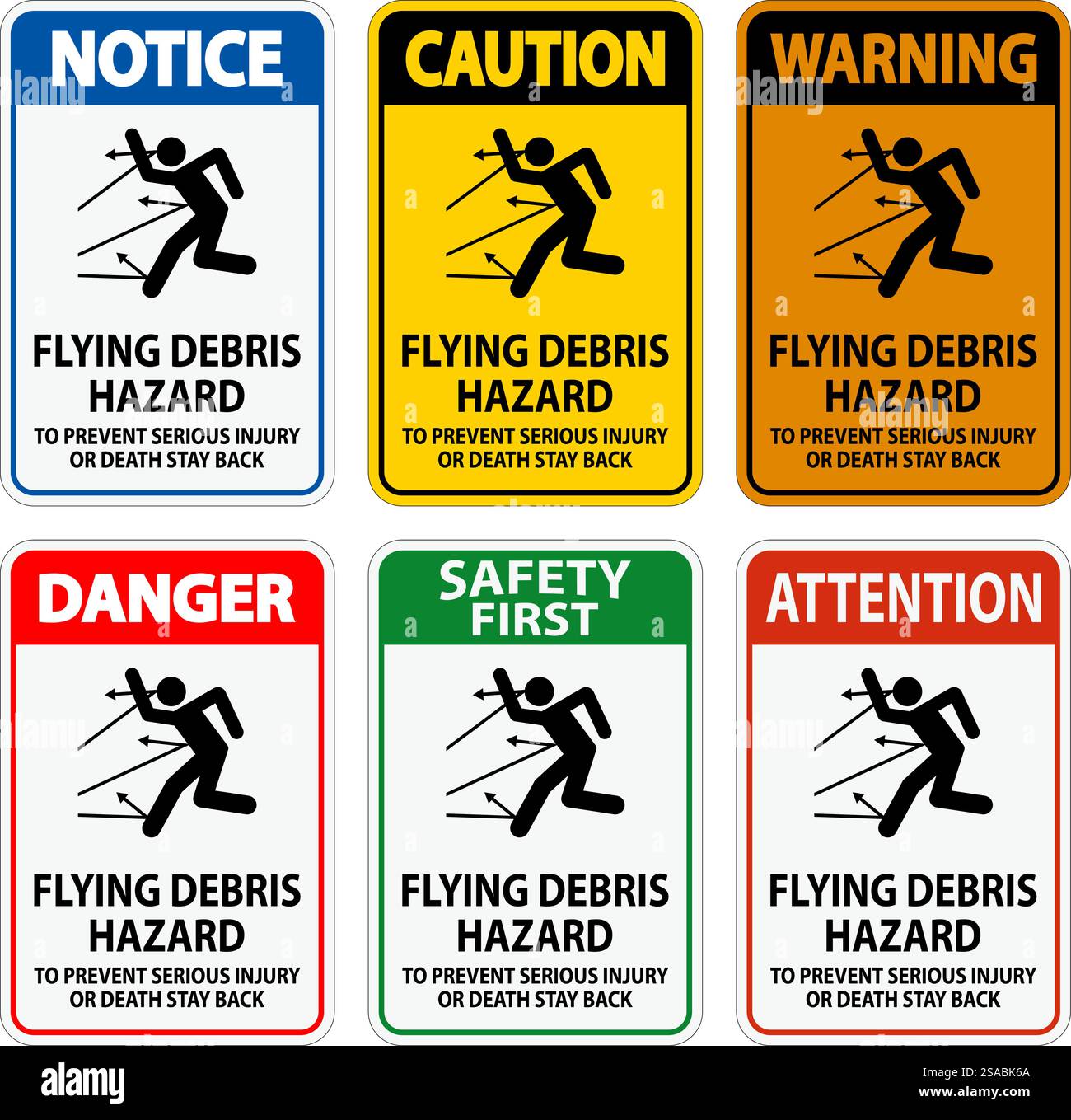 Signe de danger, risque de débris volants - pour éviter des blessures graves ou mortelles, rester en arrière Illustration de Vecteur