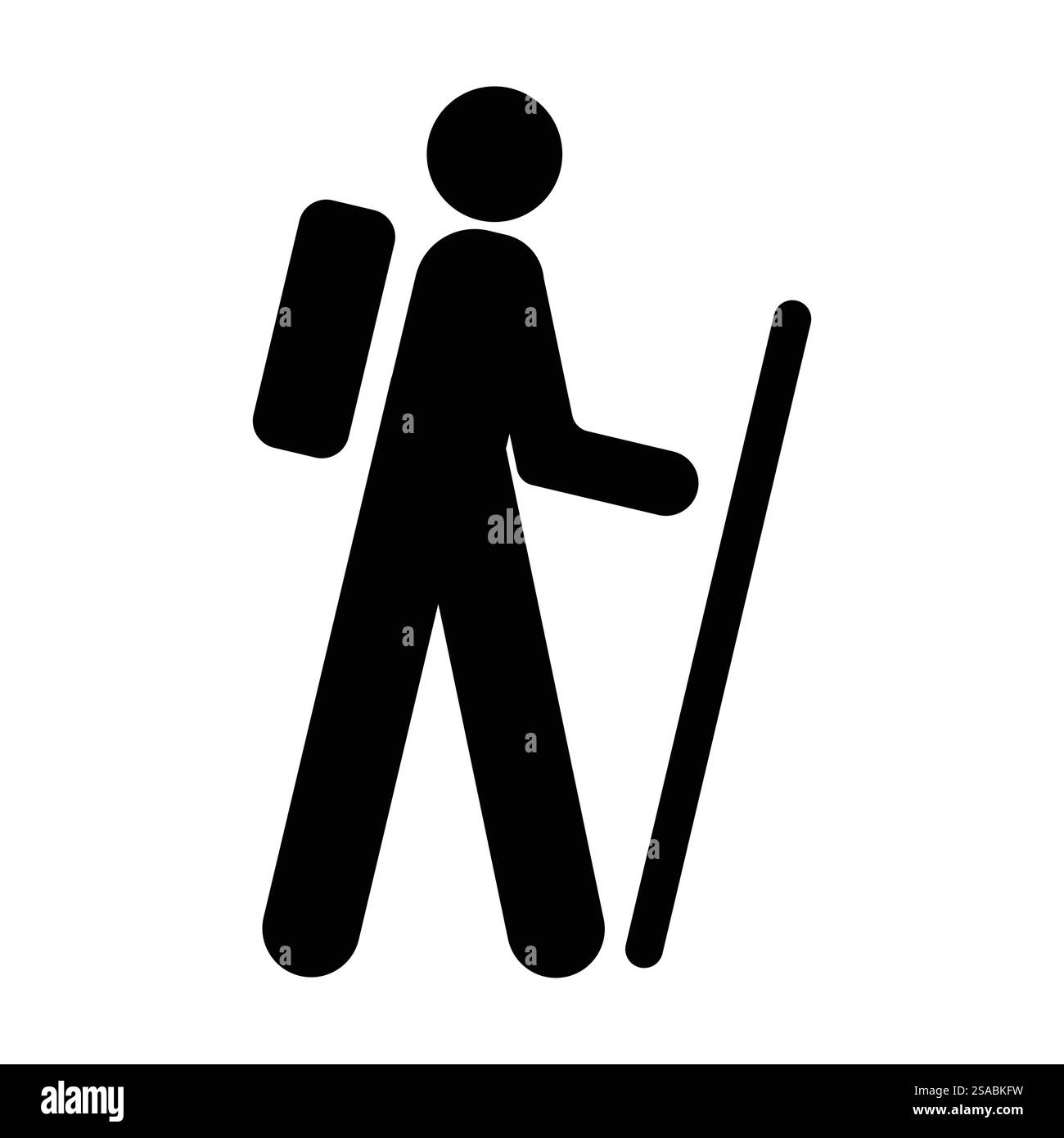 Silhouette noire simple d'un randonneur avec un sac à dos et un bâton de marche. Cette icône représente l'aventure en plein air et l'esprit d'exploration. Parfait pour les voyages et les thèmes de remise en forme. Illustration de Vecteur