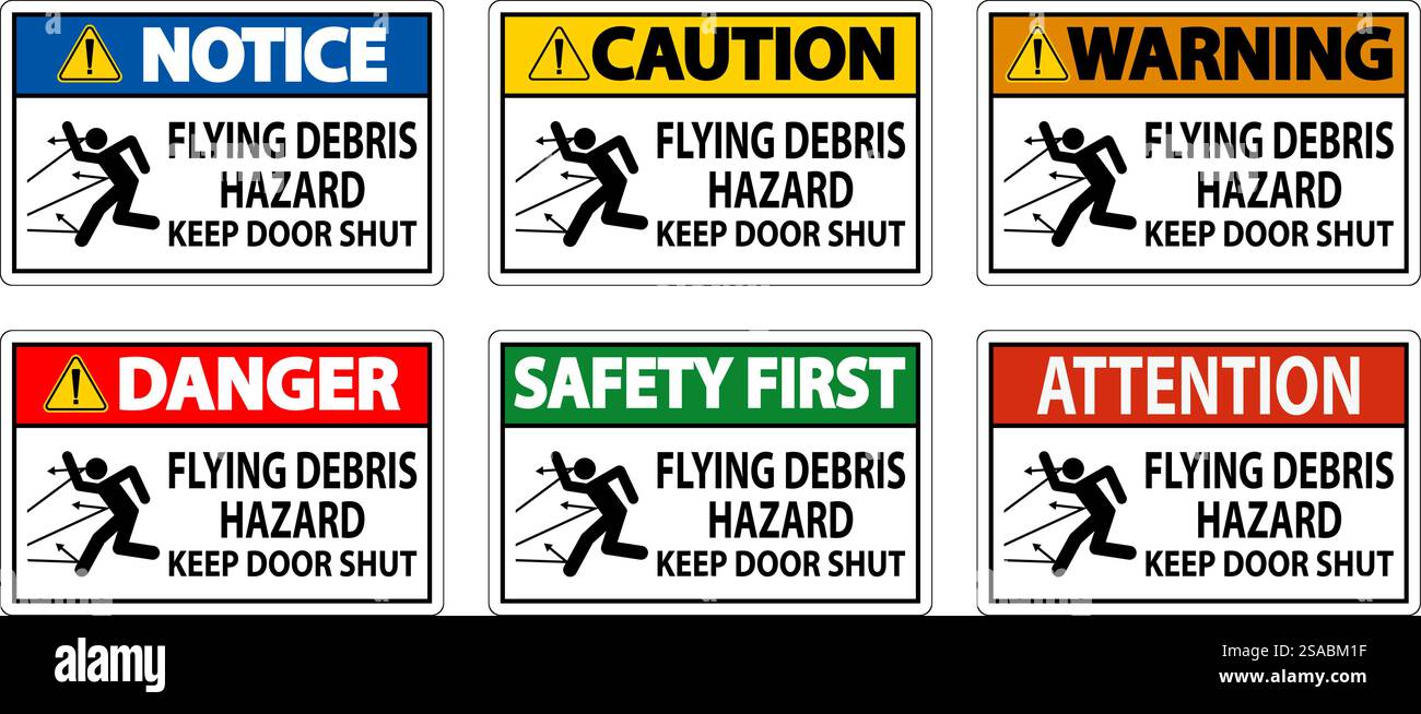 Panneau « interdiction d'entrer », risque de débris volants, garder la porte fermée Illustration de Vecteur