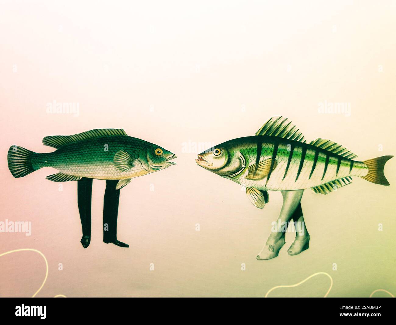 Art conceptuel de collage de deux poissons avec des jambes parlant l'un à l'autre Banque D'Images