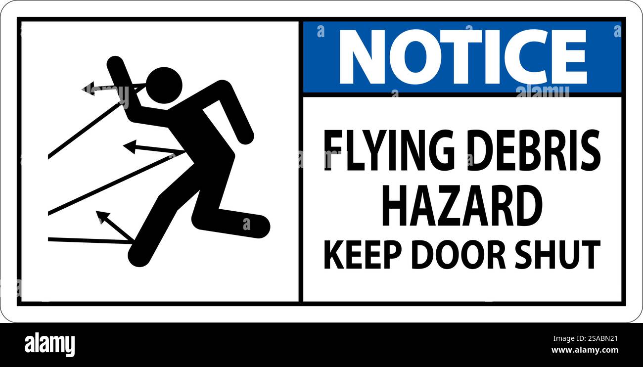 Panneau d'avertissement, risque de débris volants, garder la porte fermée Illustration de Vecteur