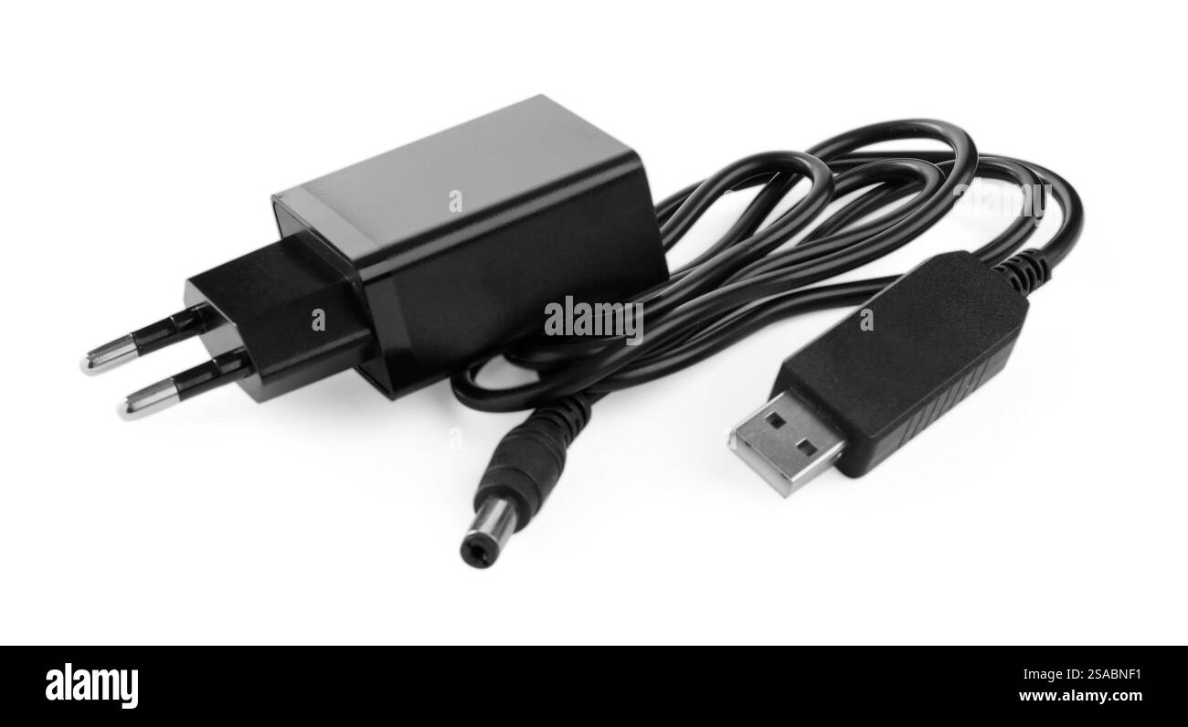 Adaptateur secteur USB noir et câble de charge isolé sur blanc Banque D'Images