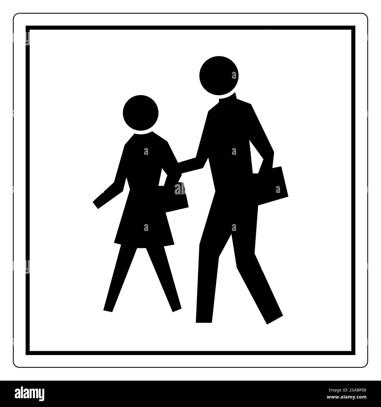 Icône simple représentant un homme et une femme marchant ensemble, portant des sacs. Cette silhouette monochrome incarne une sensation de mouvement et de connexion dans la vie quotidienne. Illustration de Vecteur