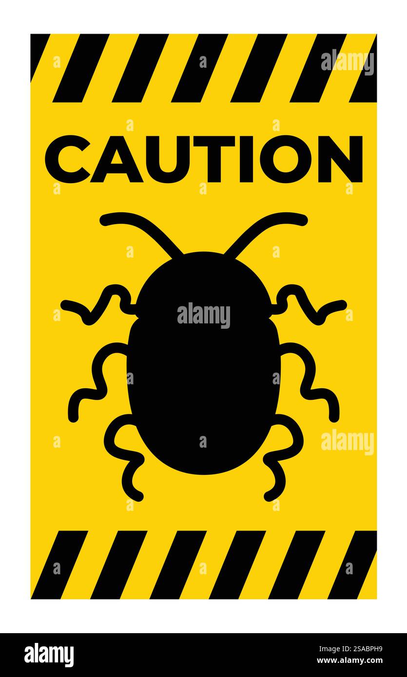 Ce panneau d'avertissement présente une illustration audacieuse d'insecte sur fond jaune. Idéal pour les thèmes de lutte antiparasitaire, les panneaux d'avertissement ou les campagnes de sensibilisation à la santé. Illustration de Vecteur