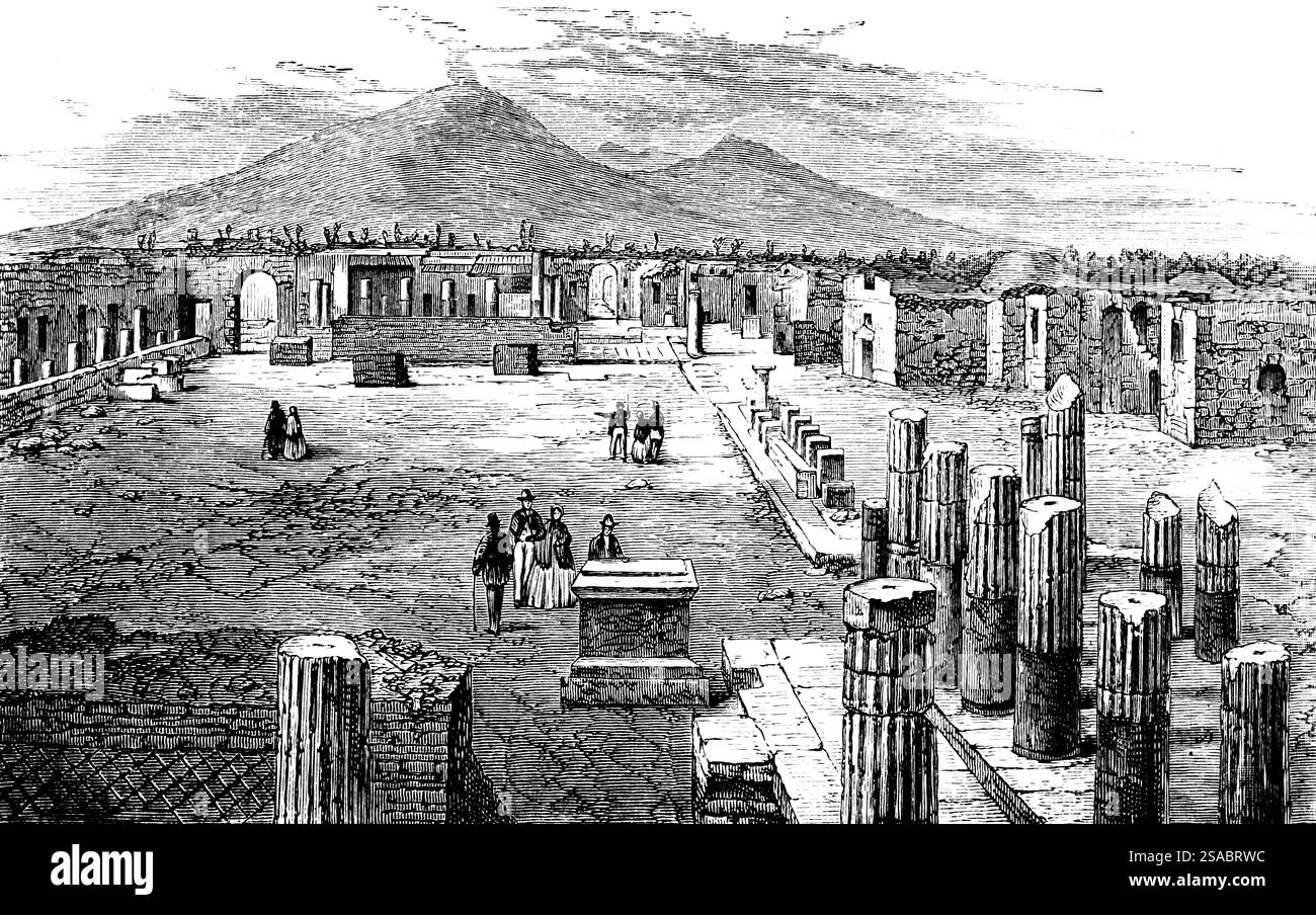 Forum de la ville de Pompéi enterrée par l'éruption du Vésuve en 79 après JC, fouilles, marché, colonnes, visiteurs, géographie, Italie, Ill historique Banque D'Images
