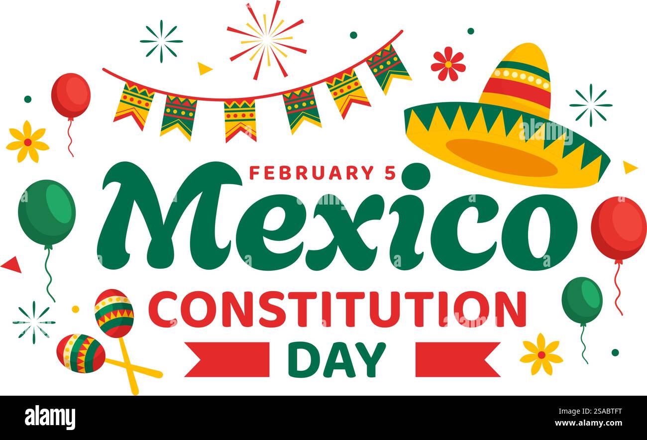 Dia de la Constitucion Illustration vectorielle. Traduction : Joyeux jour de la Constitution du Mexique le 5 février avec chapeau mexicain et drapeau agitant fond Illustration de Vecteur