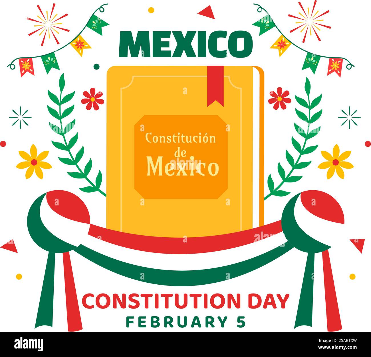 Dia de la Constitucion Illustration vectorielle. Traduction : Joyeux jour de la Constitution du Mexique le 5 février avec chapeau mexicain et drapeau agitant fond Illustration de Vecteur
