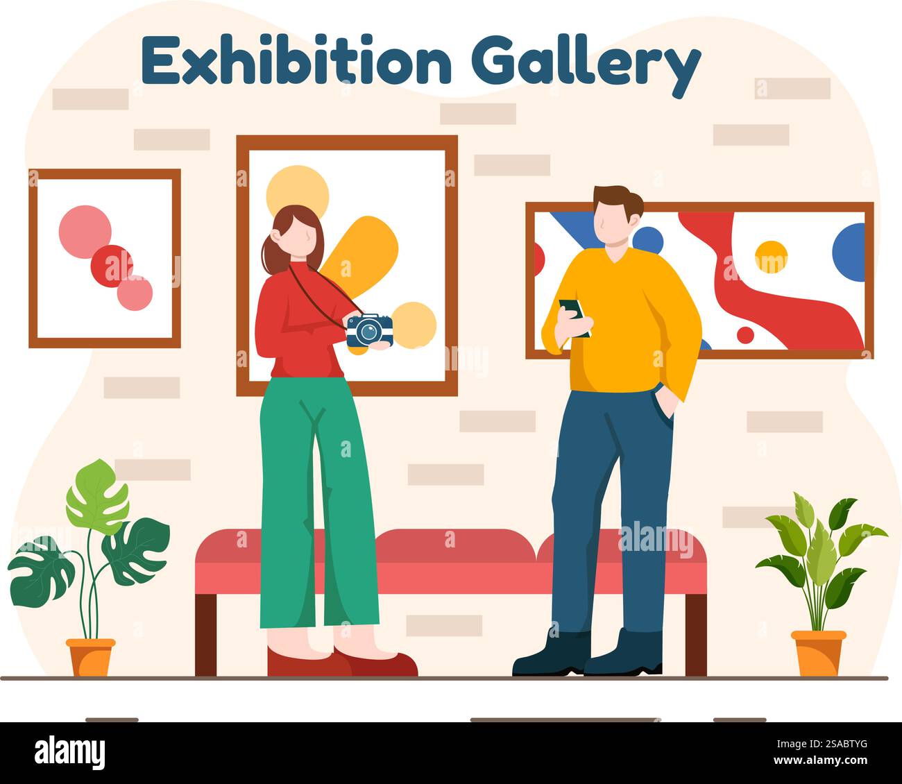 Visiteurs de l'exposition regardant une galerie avec la peinture abstraite moderne à Contemporary dans le hall d'exposition dans l'illustration vectorielle de fond de dessin animé plat Illustration de Vecteur