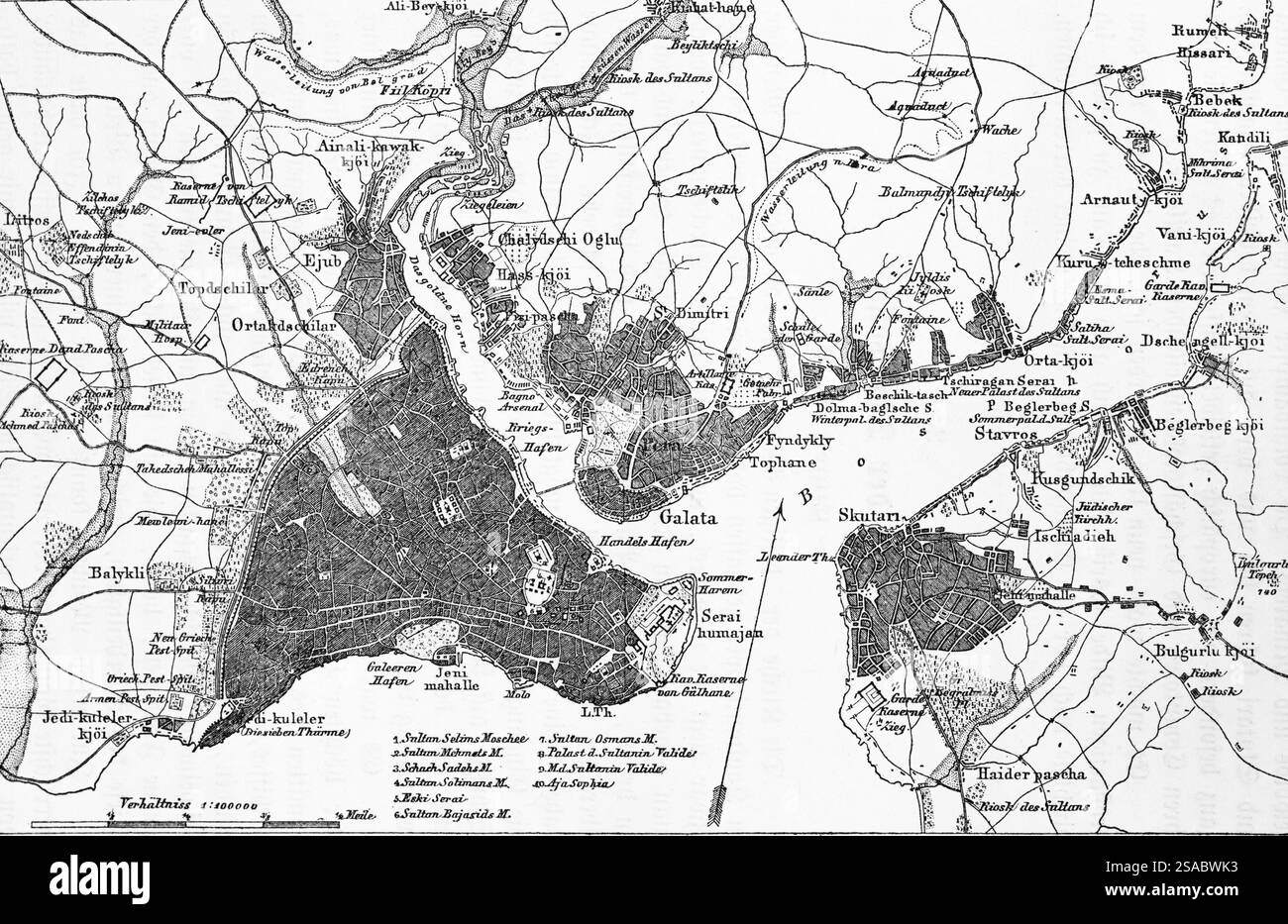Carte topographique à l'échelle d'Istanbul ou Constantinople sur la mer de Marmara avec ses environs, Bosphore avec partie européenne et asiatique de la ville, G Banque D'Images