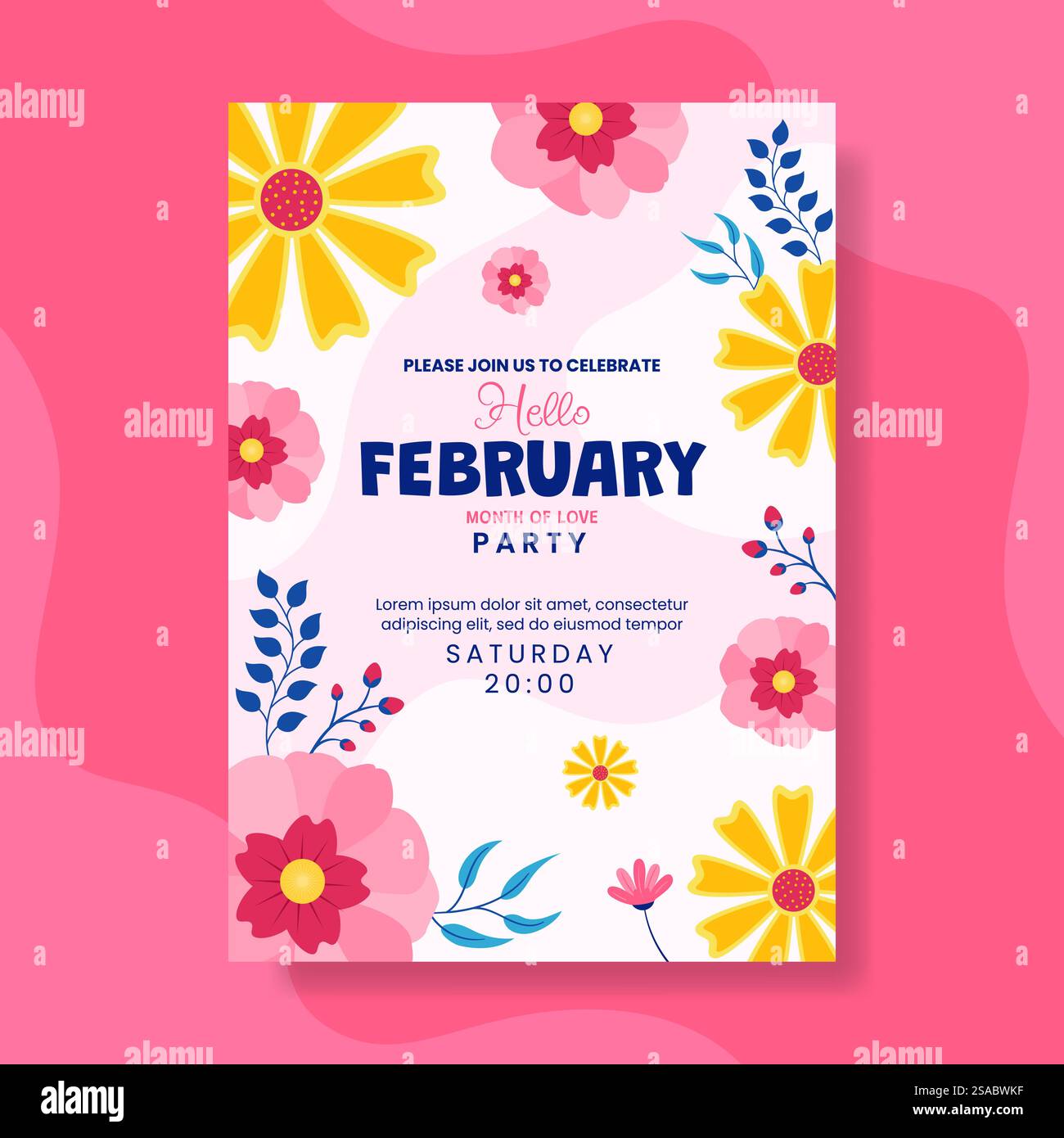 Bonjour février invitation Flat Cartoon Hand Drawn Templates Illustration de fond Illustration de Vecteur