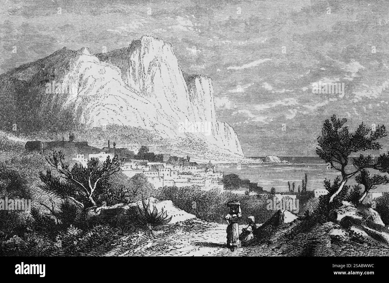 Île méditerranéenne de Capri dans le golfe de Naples, paysage avec des falaises calcaires, ville, sentier de sable, femme en costume traditionnel, natu Banque D'Images