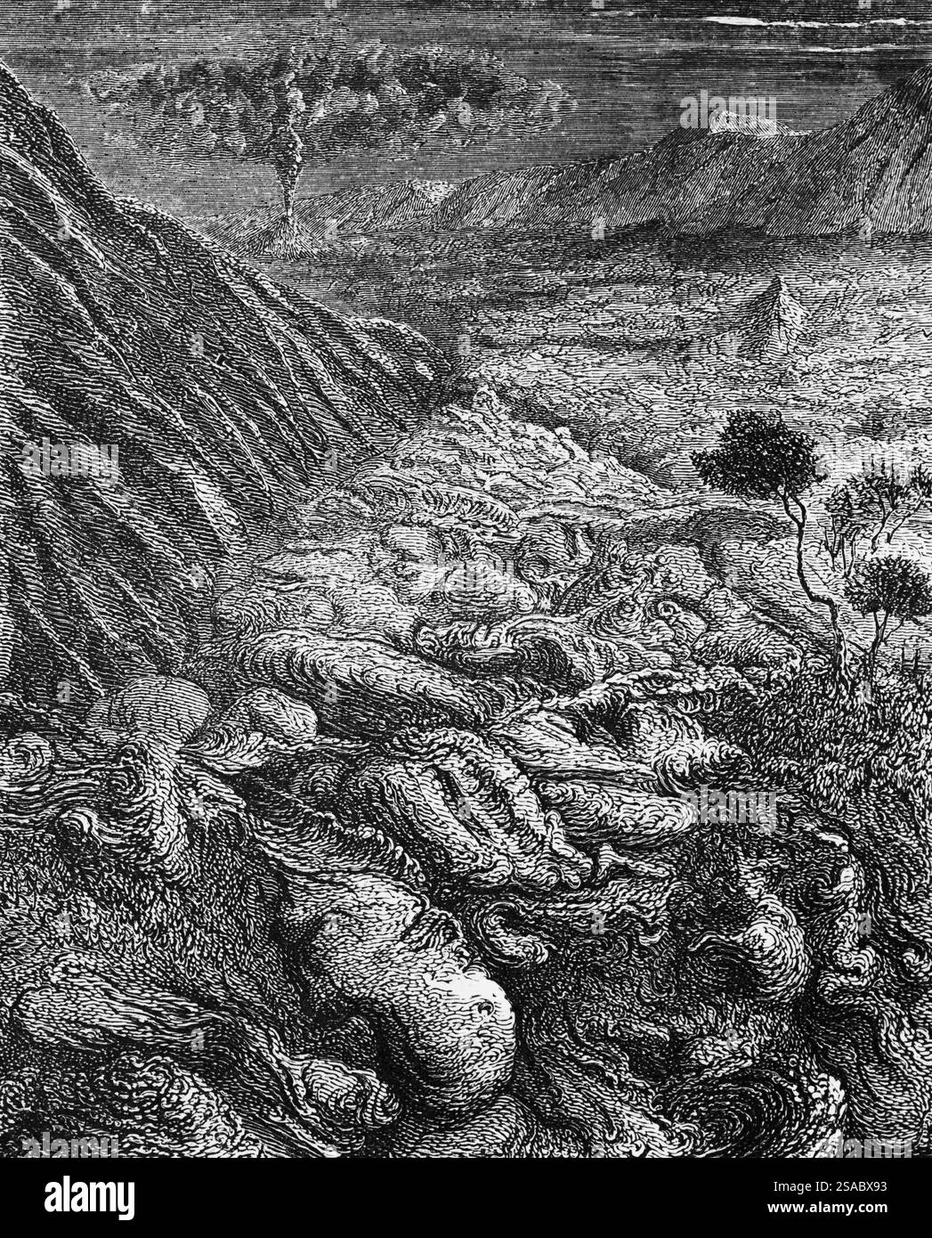 Lave chaude de l'éruption du Vésuve coule à travers le paysage, en arrière-plan le volcan fumant, les arbres, la géographie, l'Italie, historique i Banque D'Images