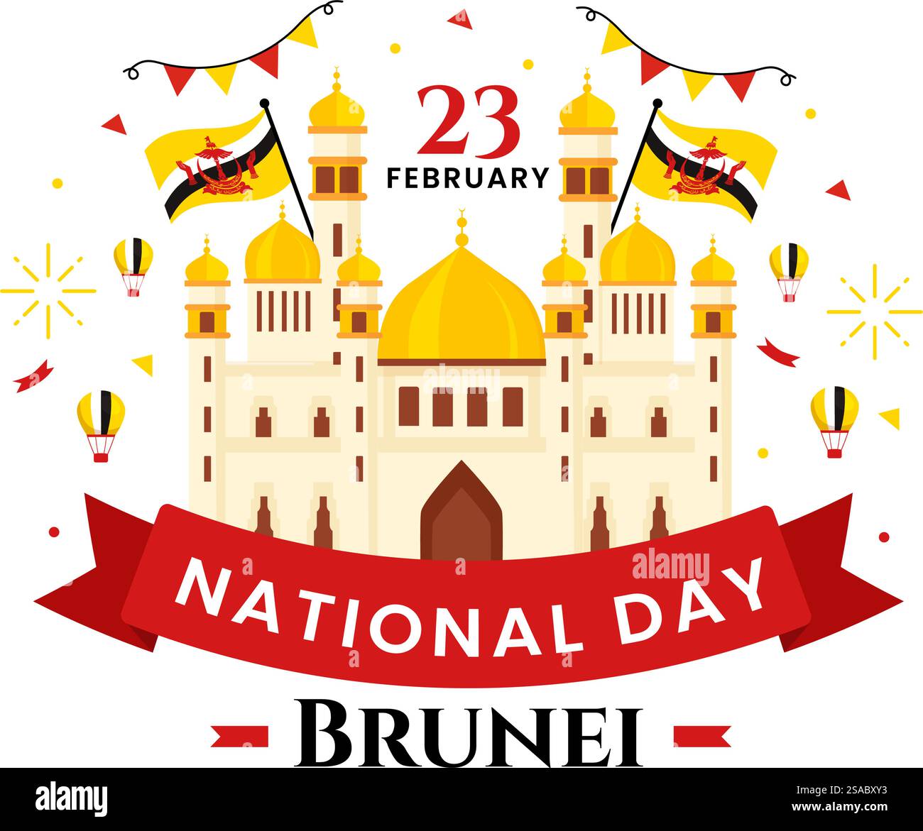 Joyeux Brunei Darussalam Fête nationale Illustration vectorielle le 23 février avec drapeau agitant dans la conception de fond de dessin animé plat de vacances patriotiques Illustration de Vecteur
