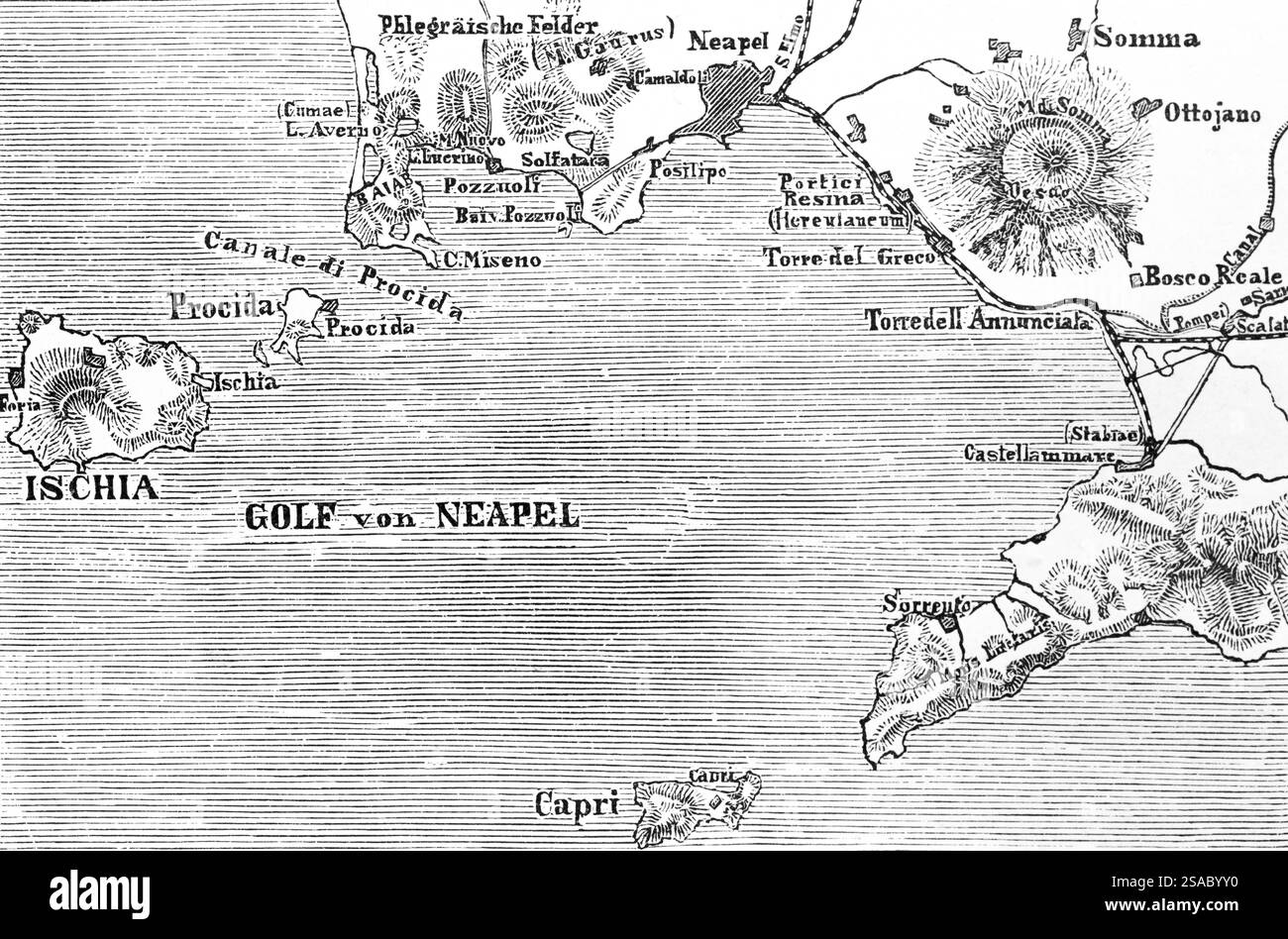 Carte topographique du golfe de Naples avec le Vésuve, les îles de Capri et Ischia, géographie, Italie, illustration historique 1888, Europe Banque D'Images