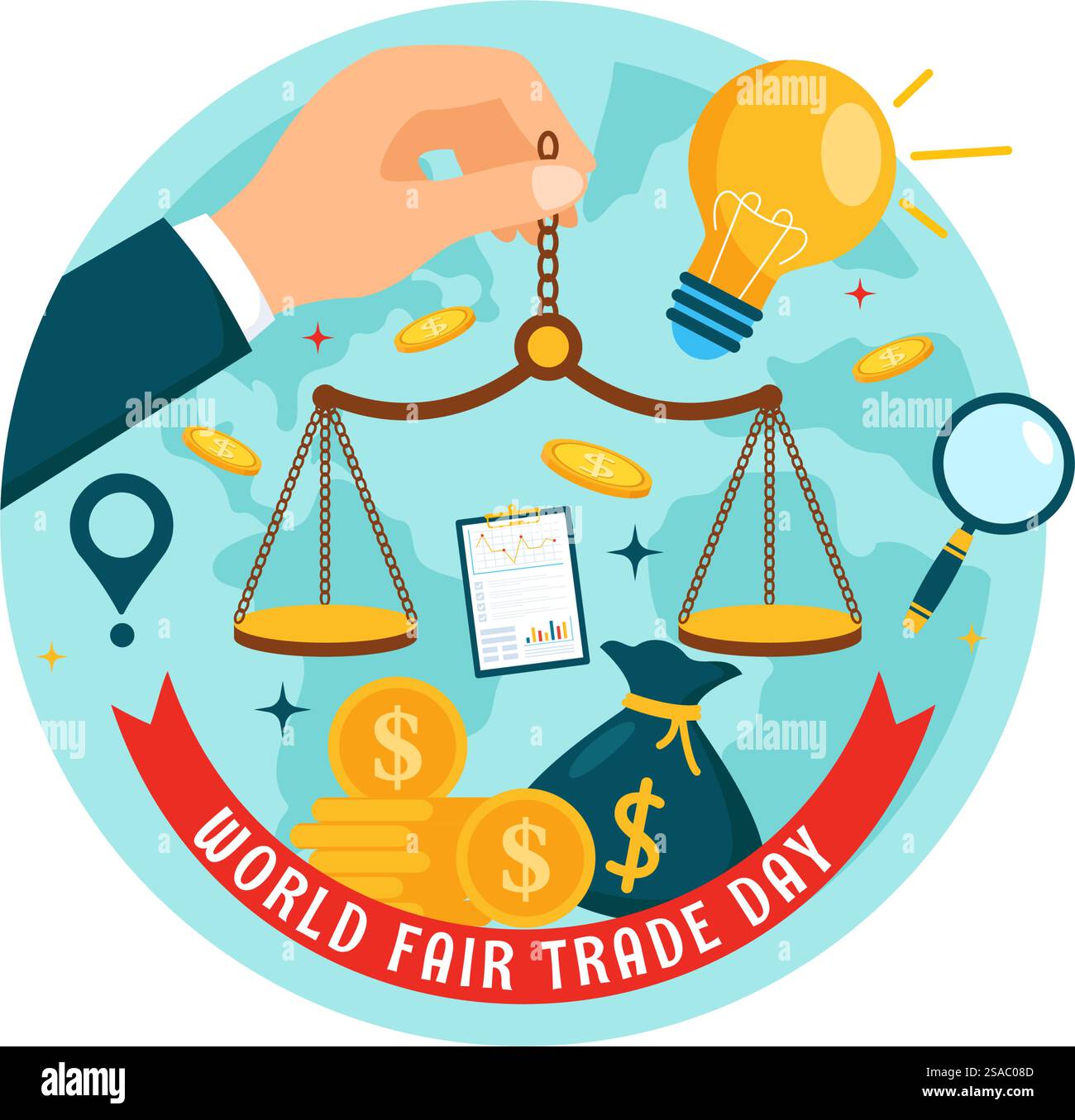 Illustration vectorielle de la Journée mondiale du commerce équitable le 11 mai avec des pièces d'or, des échelles et un marteau pour la justice climatique et la planète économique en fond plat Illustration de Vecteur