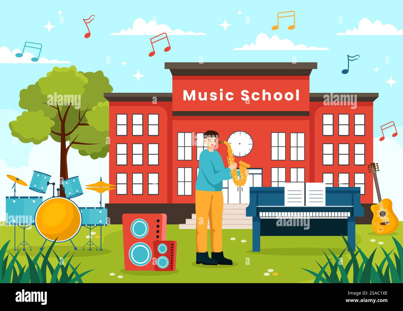 Illustration vectorielle de l'école de musique avec la lecture de divers instruments de musique, l'apprentissage des musiciens et des chanteurs d'éducation dans le fond plat de dessin animé d'enfants Illustration de Vecteur