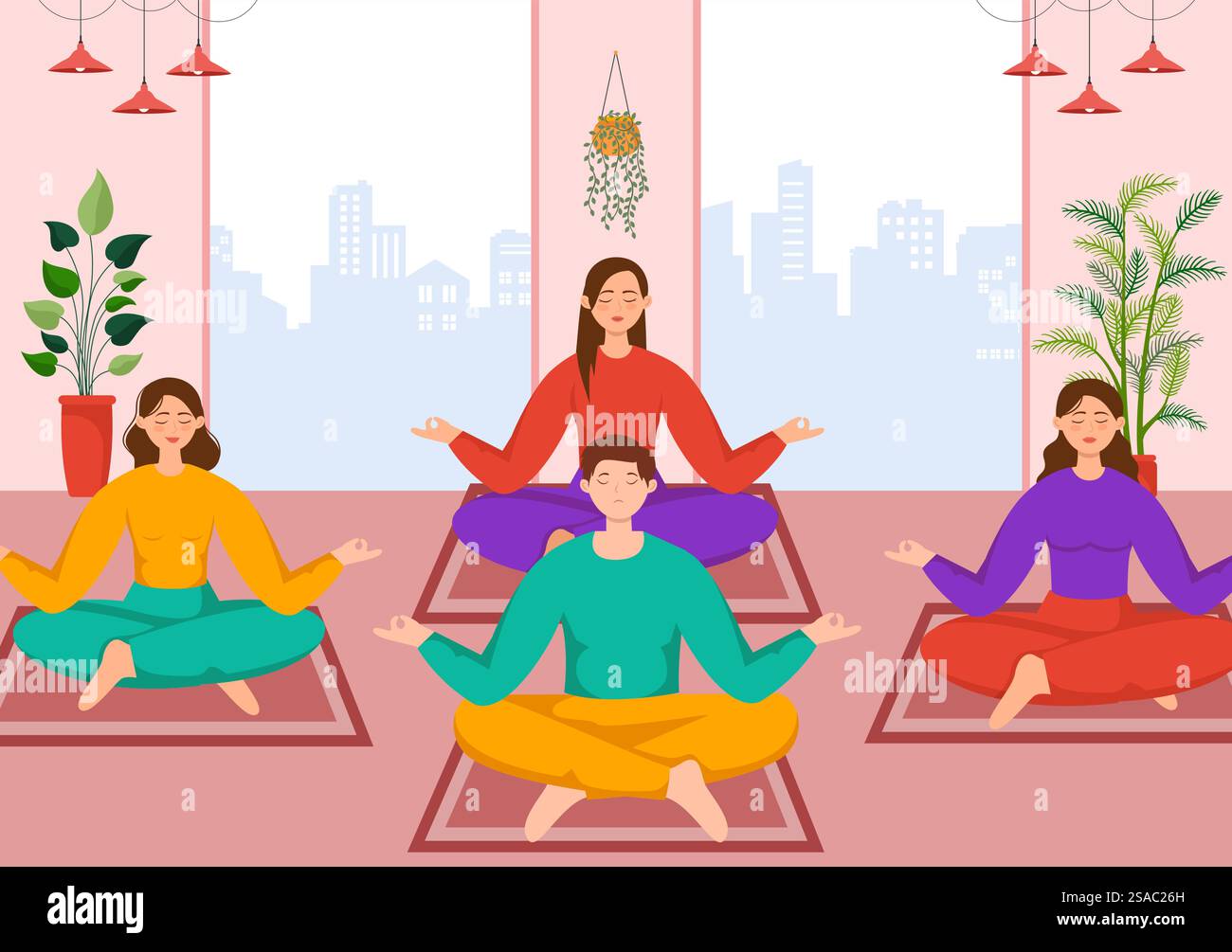 Mindfulness Meditation Vector Illustration d'une personne avec les yeux fermés et les jambes croisées et la relaxation dans Yoga Lotus posture Flat Background Illustration de Vecteur