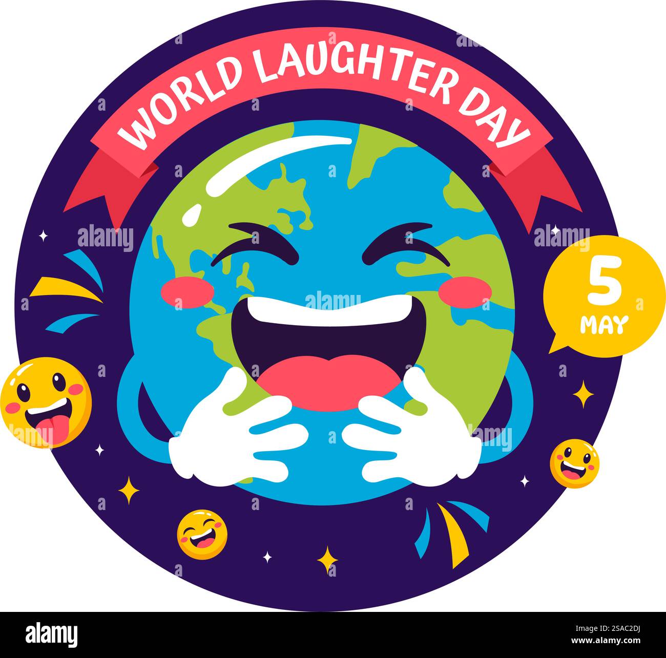 Illustration vectorielle de la Journée mondiale du rire le 5 mai avec expression faciale Smiley mignon et heureux dans fond de dessin animé pour enfants plats Illustration de Vecteur