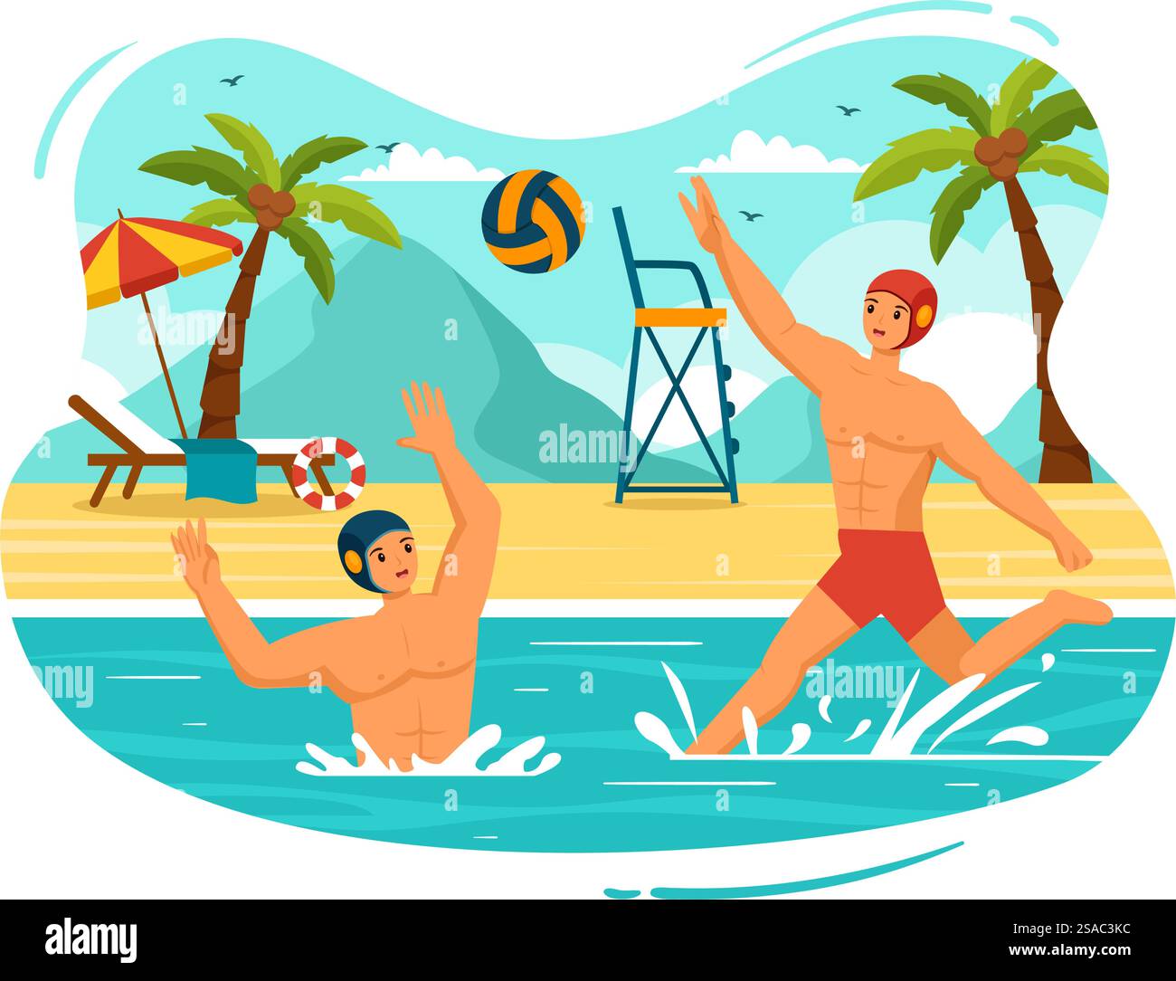 Water Polo Sport illustration vectorielle avec joueur jouant pour lancer la balle sur l'adversaire & rsquo ; s objectif dans la piscine en fond de dessin animé plat Illustration de Vecteur