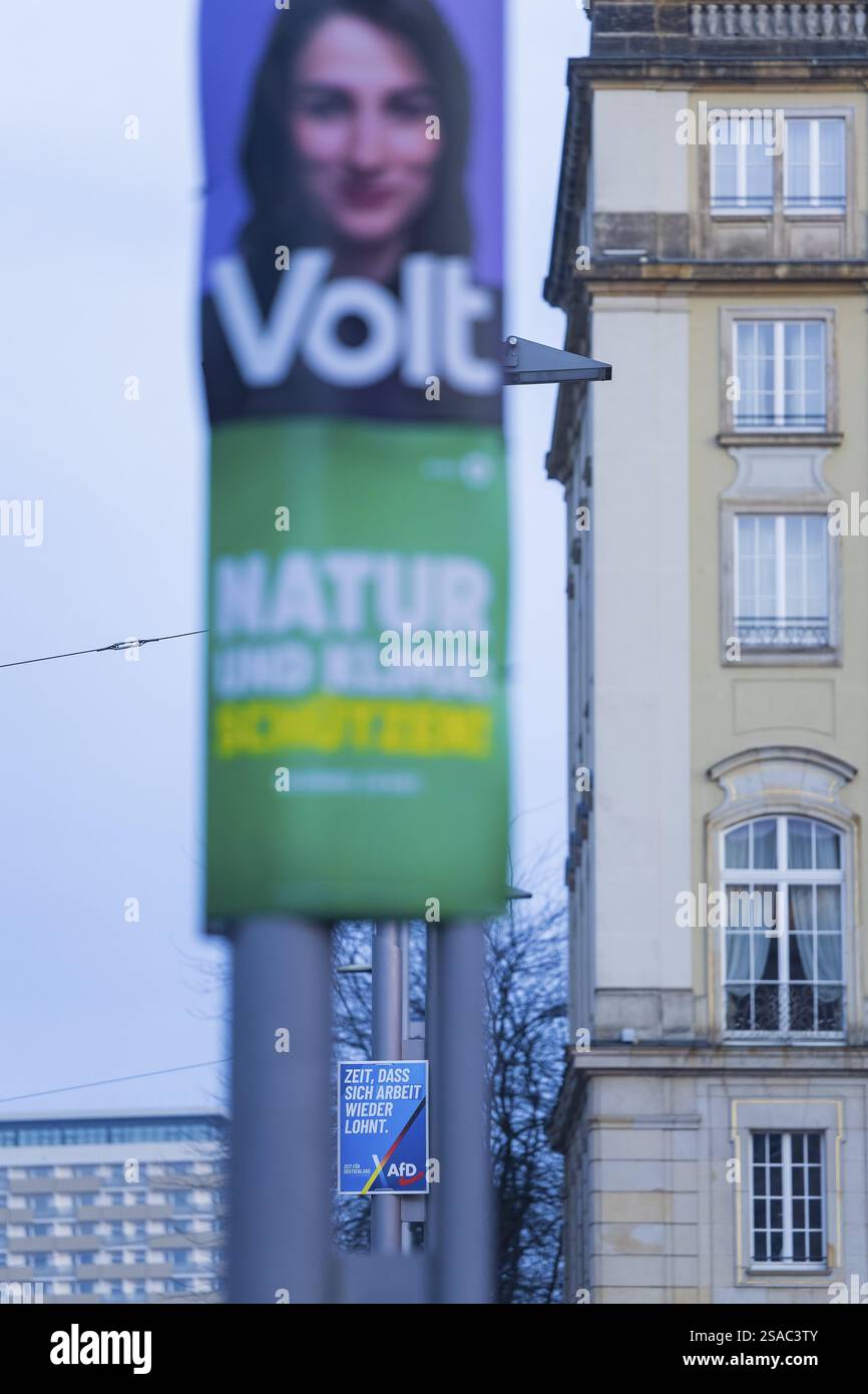 La phase chaude de la campagne électorale d'Etat en Saxe peut être vu dans la quantité de messages différents sur les arbres et les lanternes, Dresde, Saxe, Allemagne Banque D'Images