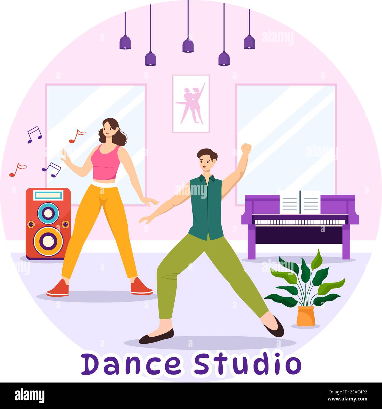 Illustration vectorielle de studio de danse avec des couples de danse exécutant accompagné de musique dans Flat Cartoon fond Design Illustration de Vecteur