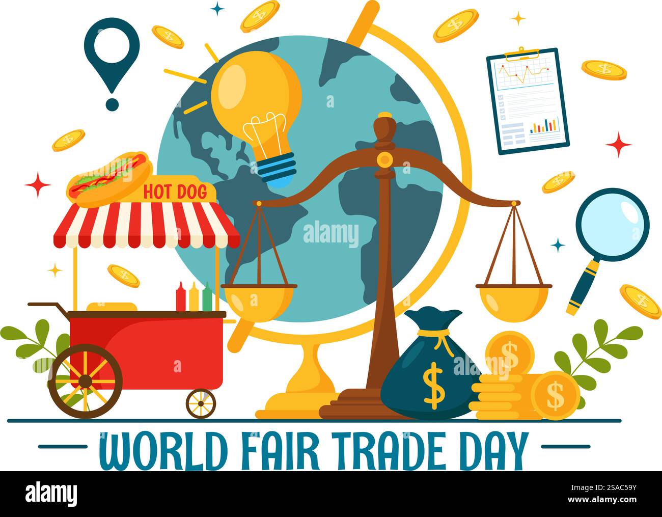 Illustration vectorielle de la Journée mondiale du commerce équitable le 11 mai avec des pièces d'or, des échelles et un marteau pour la justice climatique et la planète économique en fond plat Illustration de Vecteur