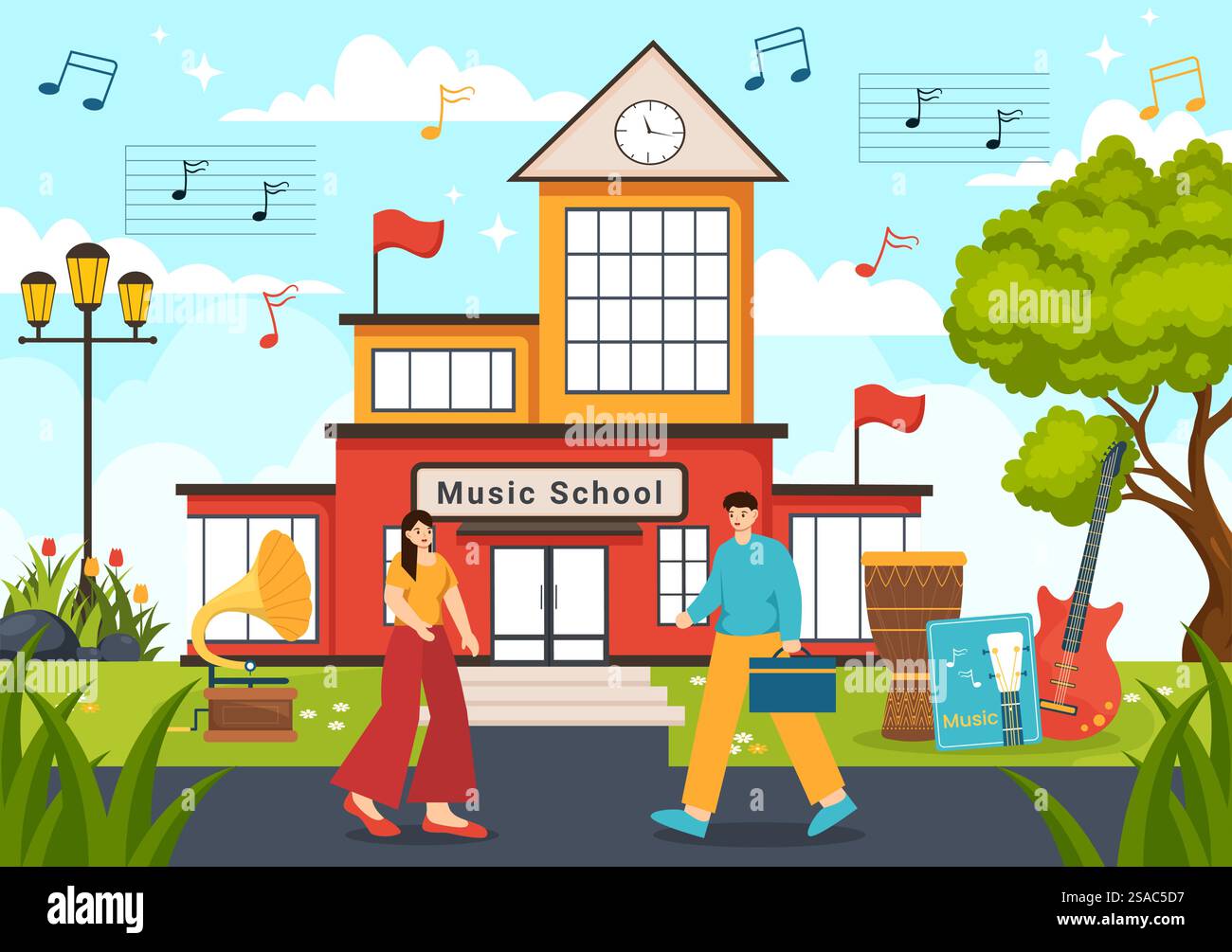 Illustration vectorielle de l'école de musique avec la lecture de divers instruments de musique, l'apprentissage des musiciens et des chanteurs d'éducation dans le fond plat de dessin animé d'enfants Illustration de Vecteur