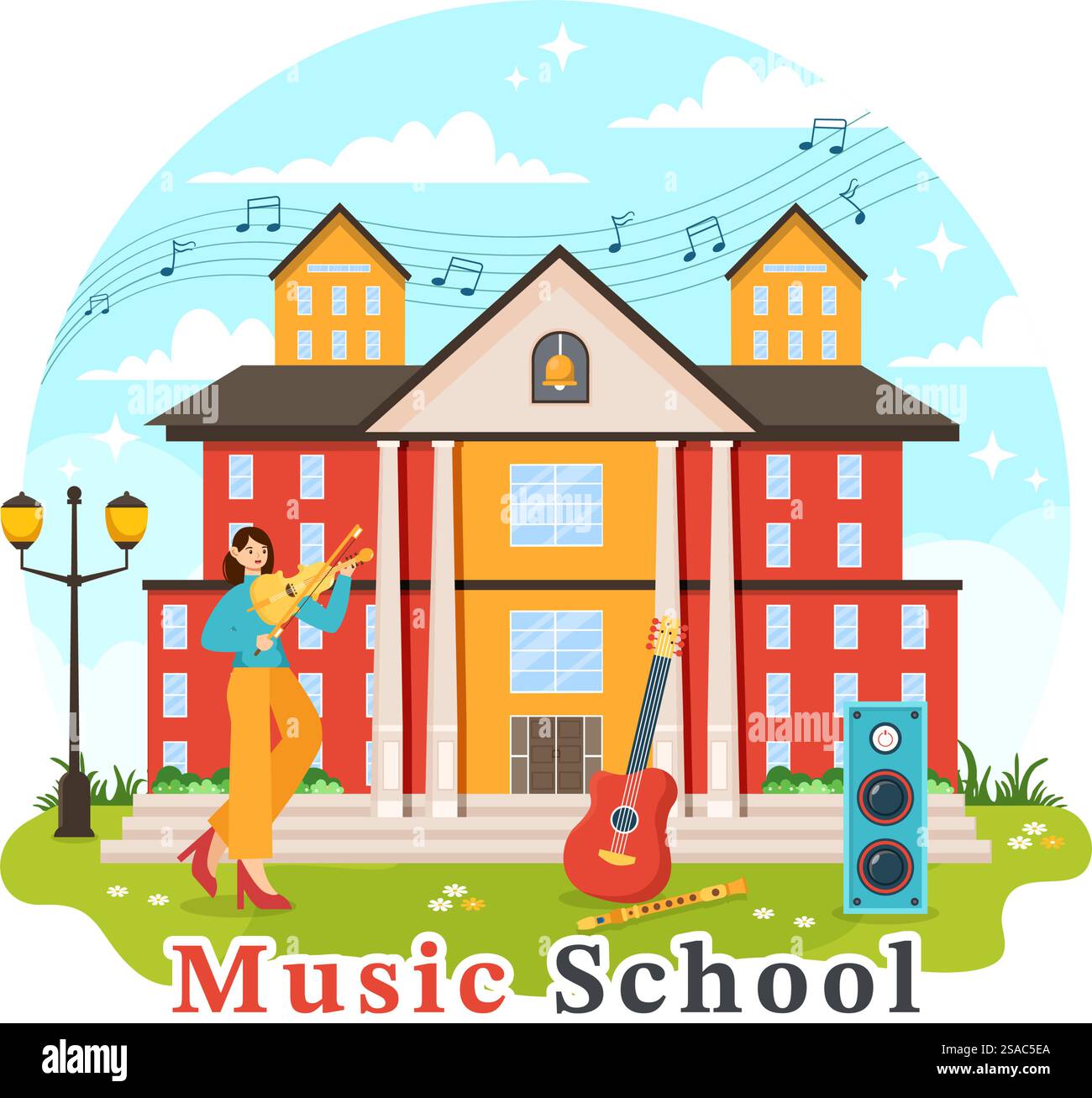 Illustration vectorielle de l'école de musique avec la lecture de divers instruments de musique, l'apprentissage des musiciens et des chanteurs d'éducation dans le fond plat de dessin animé d'enfants Illustration de Vecteur
