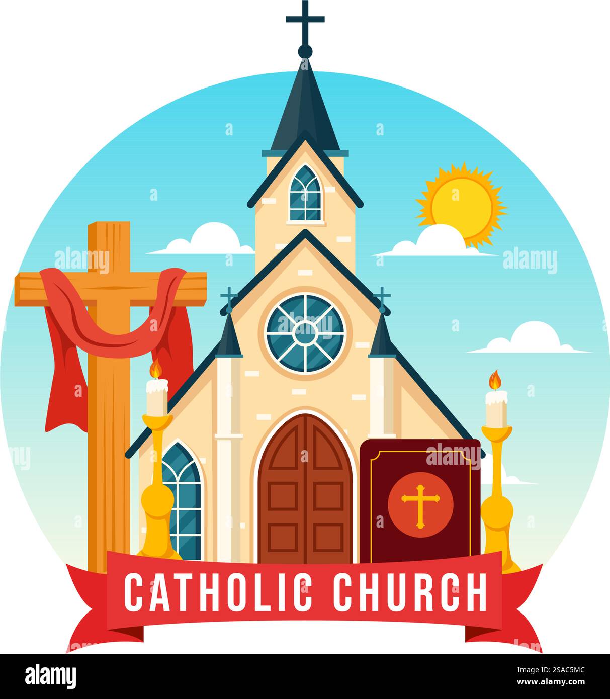 Cathédrale Catholique Catholique bâtiment illustration vectorielle avec architecture, conception d'intérieur médiévale et moderne des églises en fond de dessin animé plat Illustration de Vecteur