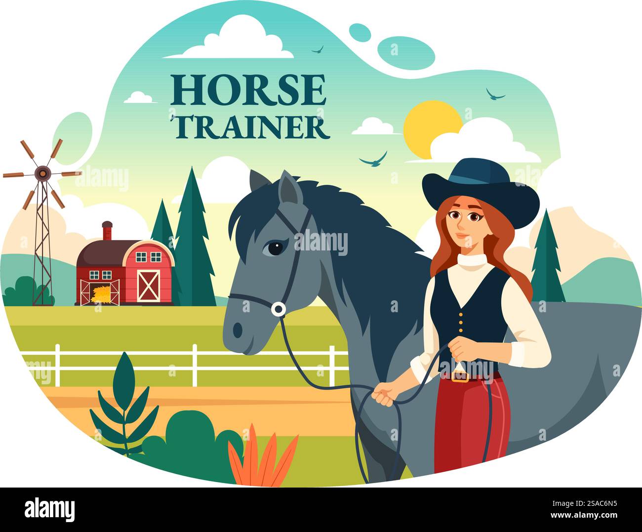 Equestrian Sport Horse Trainer illustration vectorielle avec formation, leçons d'équitation et chevaux de course dans Flat Cartoon fond Design Illustration de Vecteur