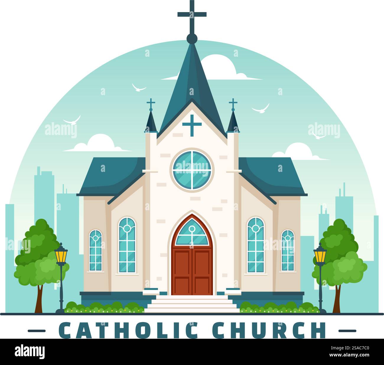 Cathédrale Catholique Catholique bâtiment illustration vectorielle avec architecture, conception d'intérieur médiévale et moderne des églises en fond de dessin animé plat Illustration de Vecteur