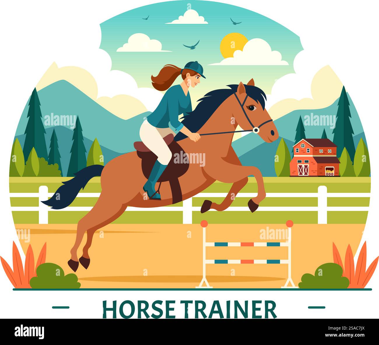 Equestrian Sport Horse Trainer illustration vectorielle avec formation, leçons d'équitation et chevaux de course dans Flat Cartoon fond Design Illustration de Vecteur