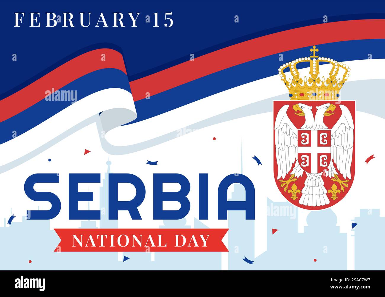 Illustration vectorielle de la fête nationale de Serbie le 15 février avec le drapeau ondulant dans la célébration de l'indépendance de vacances plat dessin de fond de dessin animé Illustration de Vecteur