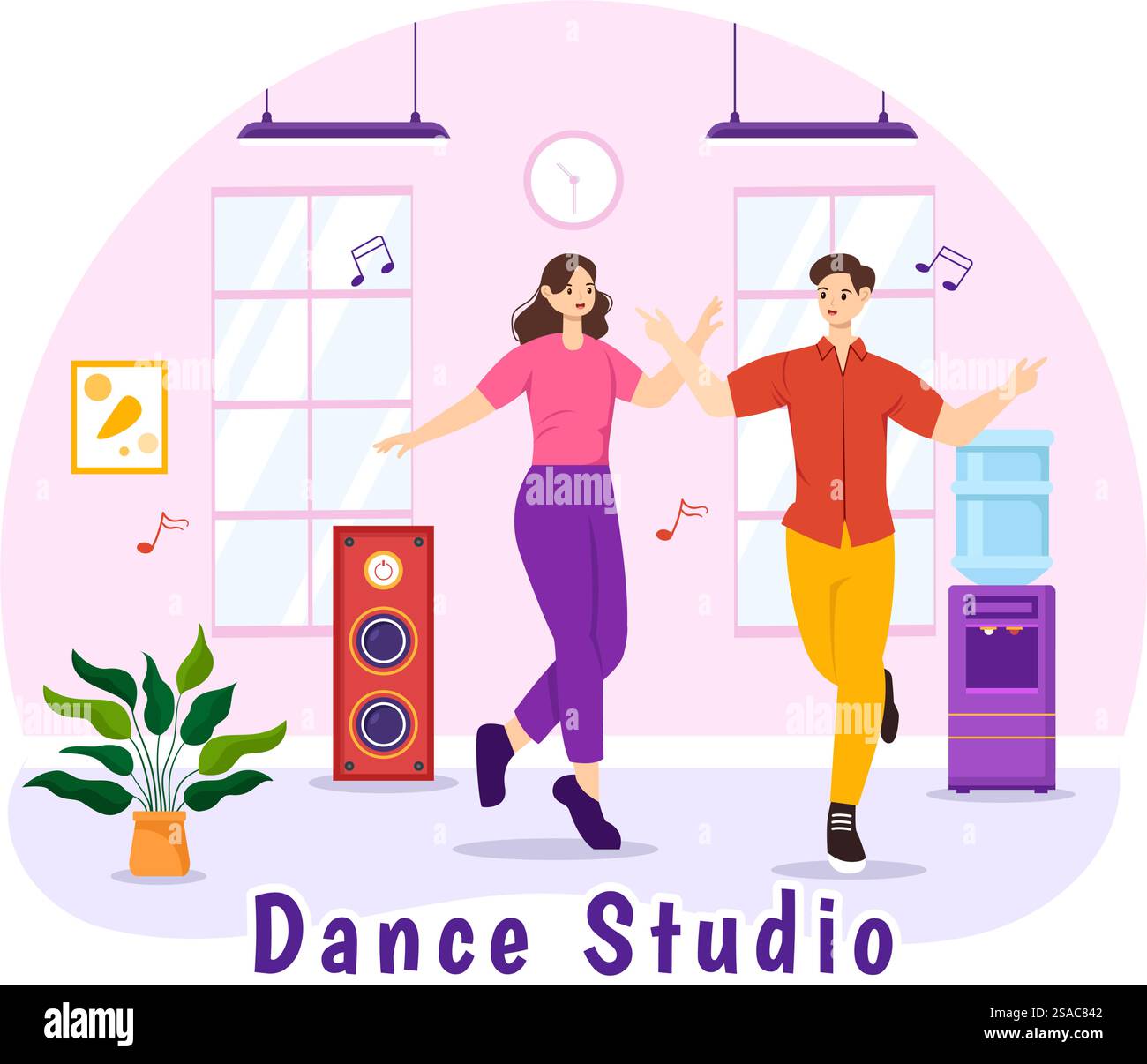 Illustration vectorielle de studio de danse avec des couples de danse exécutant accompagné de musique dans Flat Cartoon fond Design Illustration de Vecteur