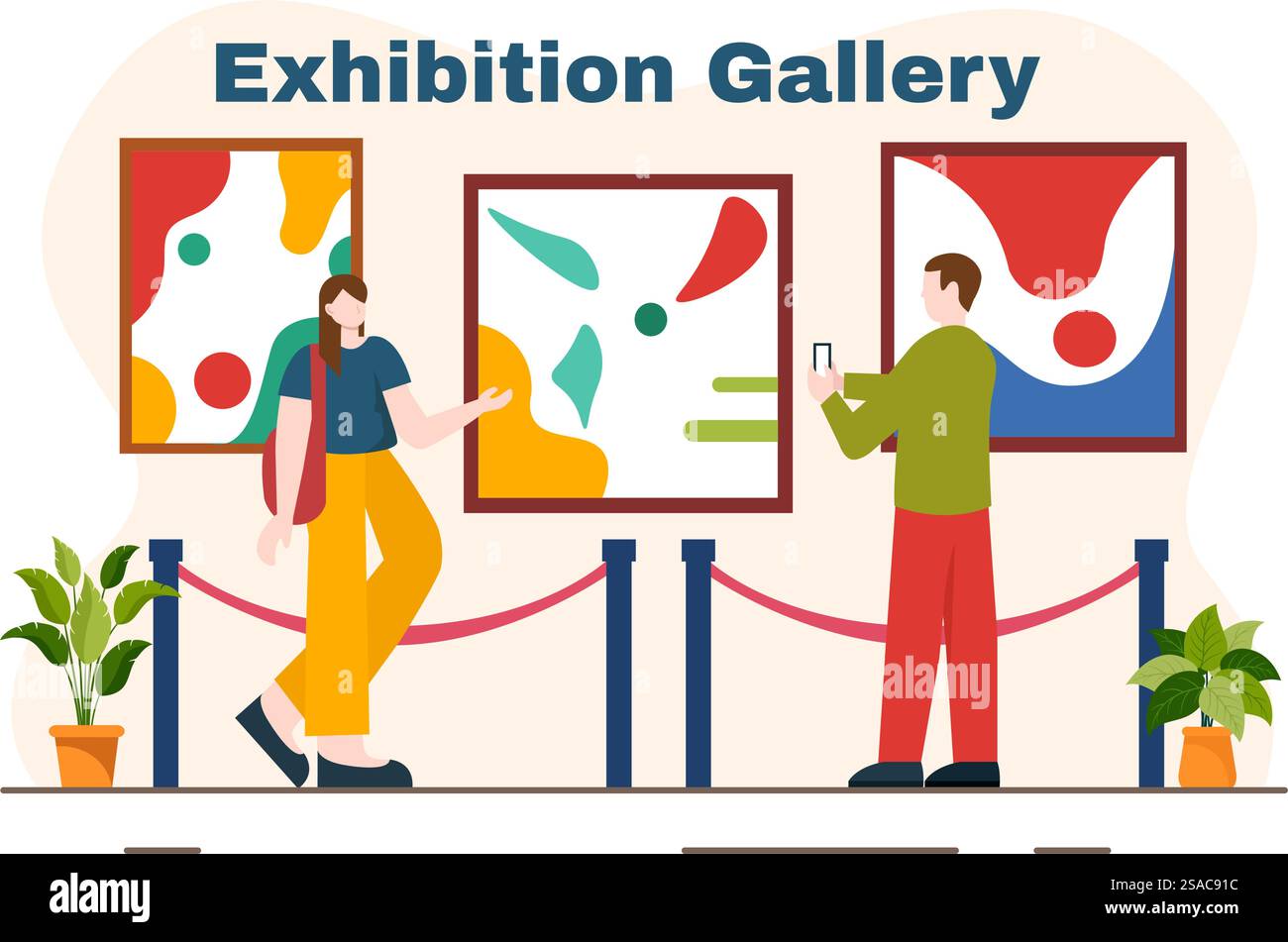 Visiteurs de l'exposition regardant une galerie avec la peinture abstraite moderne à Contemporary dans le hall d'exposition dans l'illustration vectorielle de fond de dessin animé plat Illustration de Vecteur