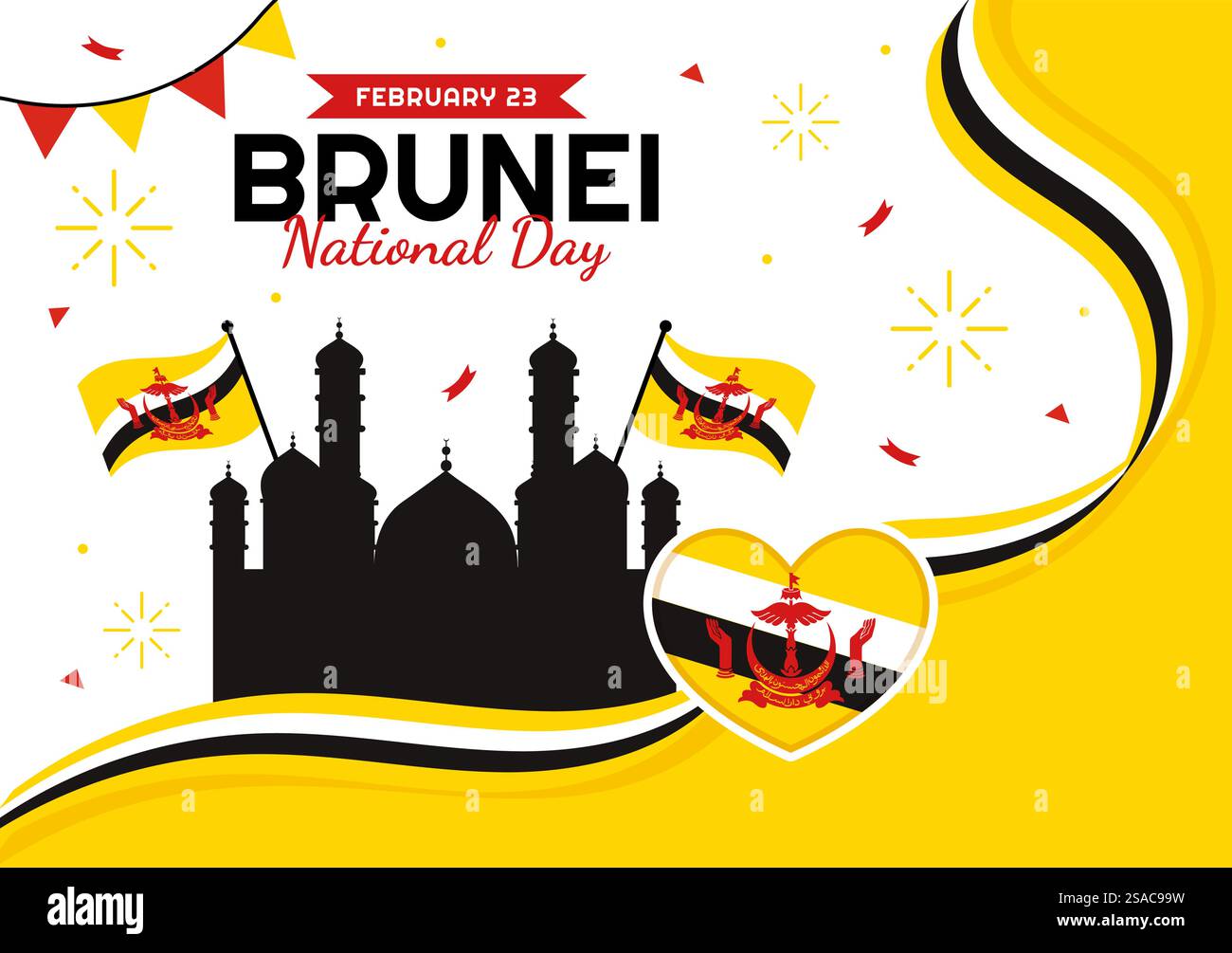 Joyeux Brunei Darussalam Fête nationale Illustration vectorielle le 23 février avec drapeau agitant dans la conception de fond de dessin animé plat de vacances patriotiques Illustration de Vecteur