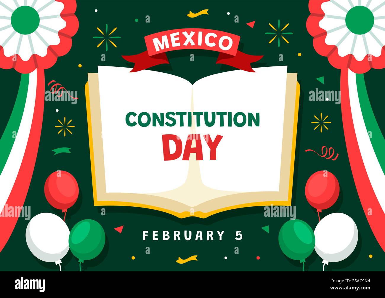 Dia de la Constitucion Illustration vectorielle. Traduction : Joyeux jour de la Constitution du Mexique le 5 février avec chapeau mexicain et drapeau agitant fond Illustration de Vecteur
