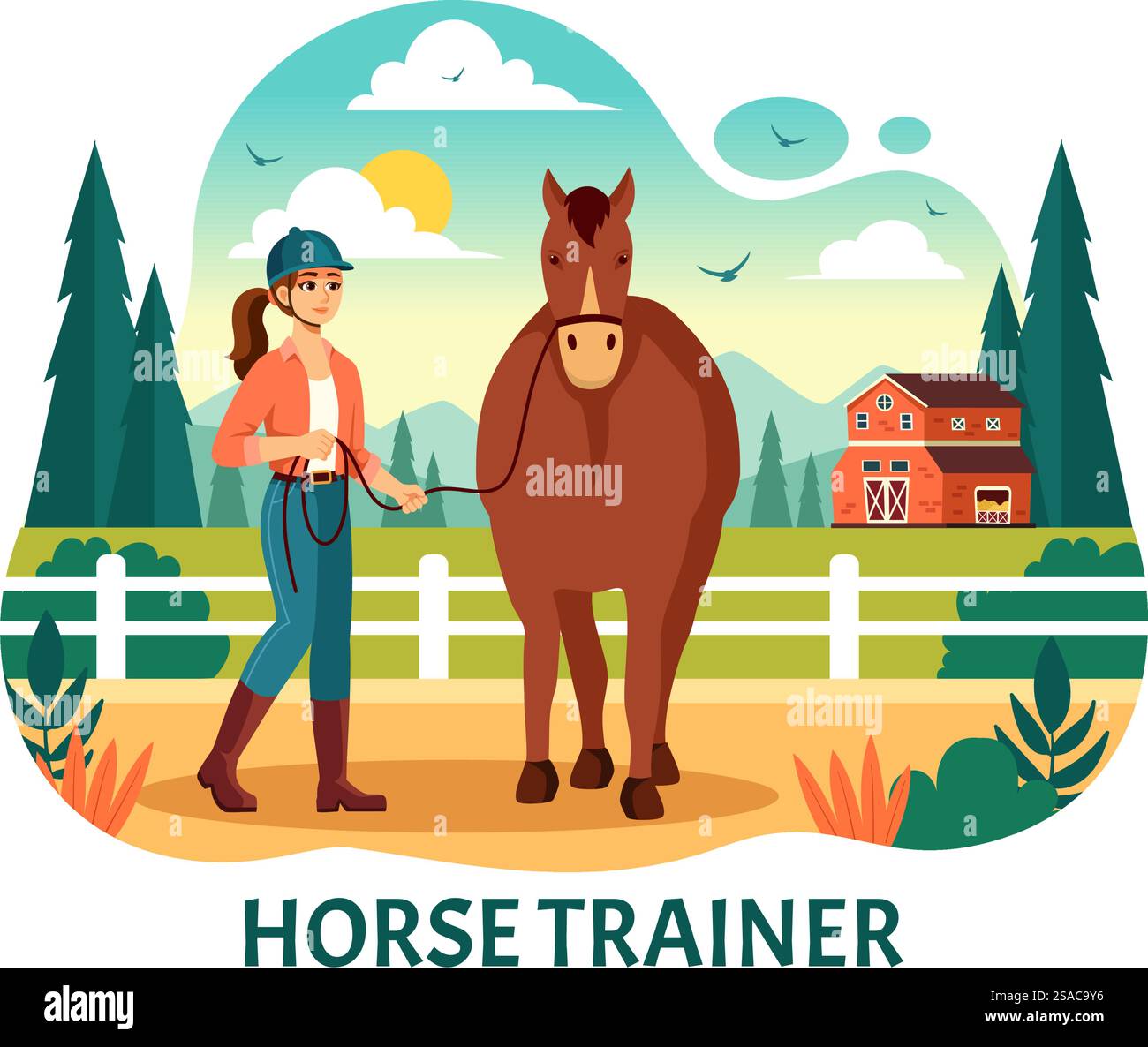 Equestrian Sport Horse Trainer illustration vectorielle avec formation, leçons d'équitation et chevaux de course dans Flat Cartoon fond Design Illustration de Vecteur