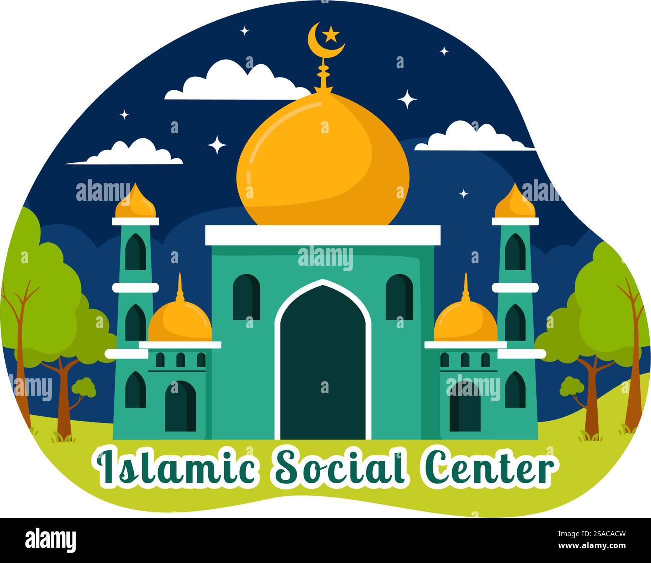 Centre social islamique illustration vectorielle mettant en vedette des mosquées, des institutions éducatives pour les études islamiques et le développement dans un fond plat de dessin animé Illustration de Vecteur