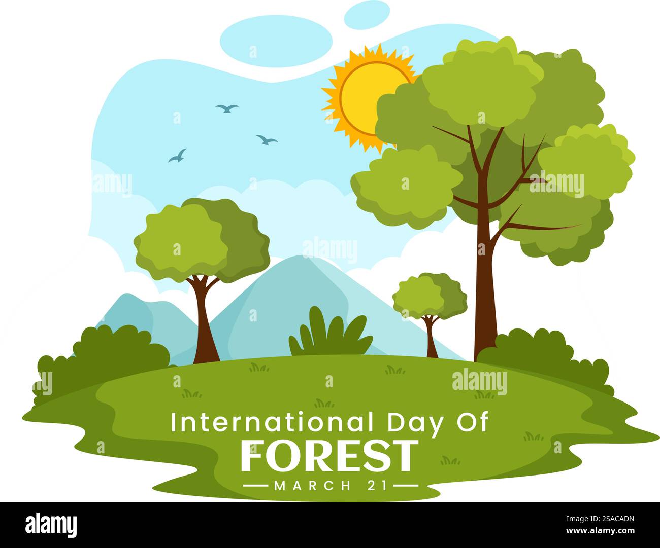 Illustration vectorielle de la Journée internationale des forêts le 21 mars avec des plantes, des arbres, des champs verts et diverses espèces sauvages à la foresterie économique en arrière-plan Illustration de Vecteur