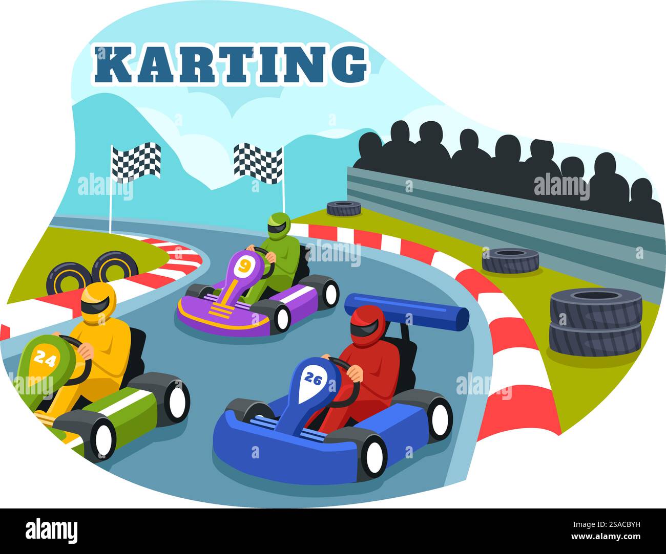 Illustration vectorielle de Karting Sport avec un jeu de course Go Kart ou Mini voiture sur une piste de petit circuit dans un design de fond de dessin animé de style plat Illustration de Vecteur