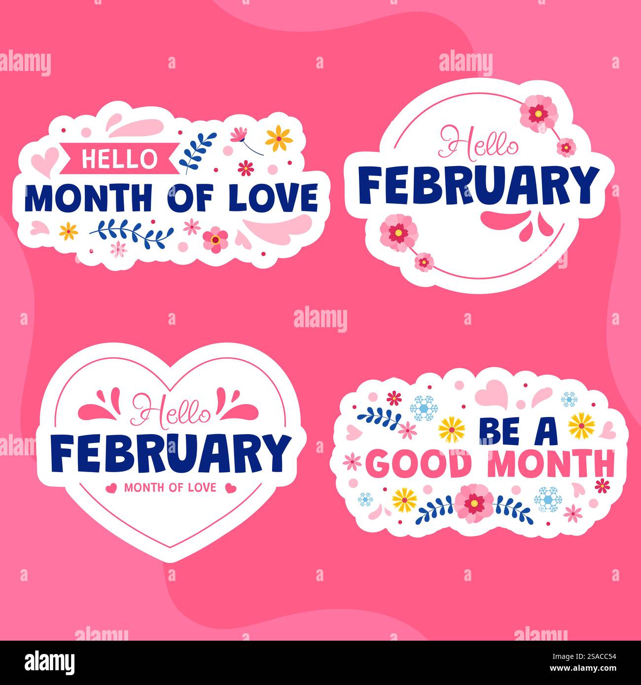 Bonjour février Label Flat Cartoon Hand Drawn Templates Illustration de fond Illustration de Vecteur