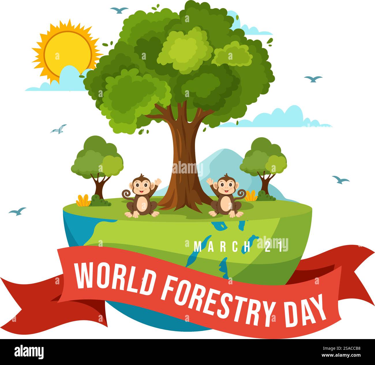 Illustration vectorielle de la Journée internationale des forêts le 21 mars avec des plantes, des arbres, des champs verts et diverses espèces sauvages à la foresterie économique en arrière-plan Illustration de Vecteur