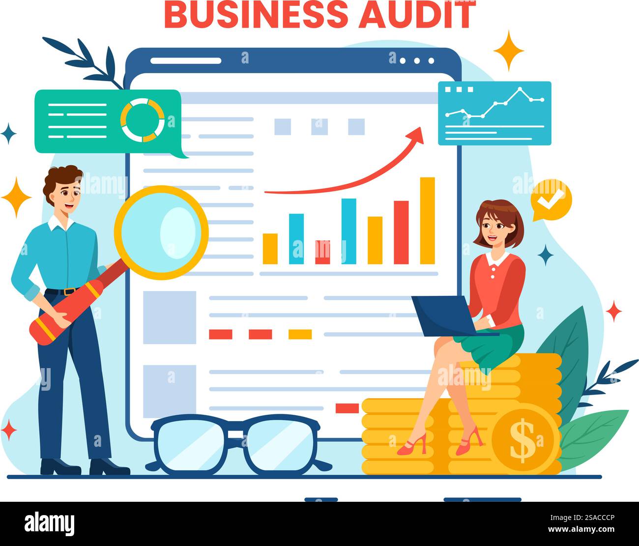 Documents d'audit d'entreprise illustration vectorielle avec graphiques, comptabilité, calculs et analyse de rapport financier dans fond de dessin animé plat Illustration de Vecteur