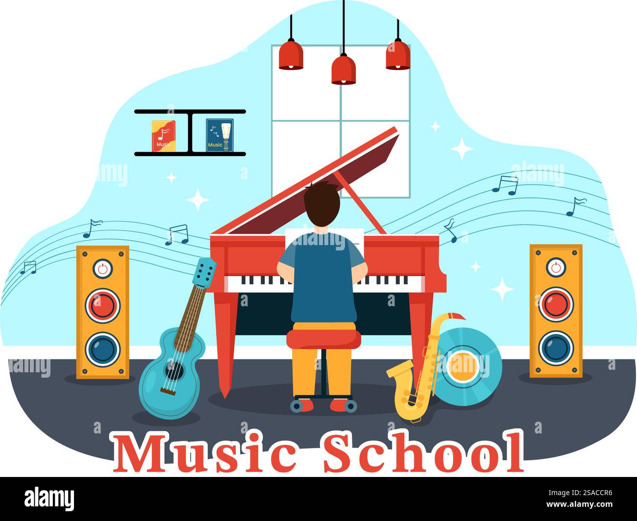 Illustration vectorielle de l'école de musique avec la lecture de divers instruments de musique, l'apprentissage des musiciens et des chanteurs d'éducation dans le fond plat de dessin animé d'enfants Illustration de Vecteur