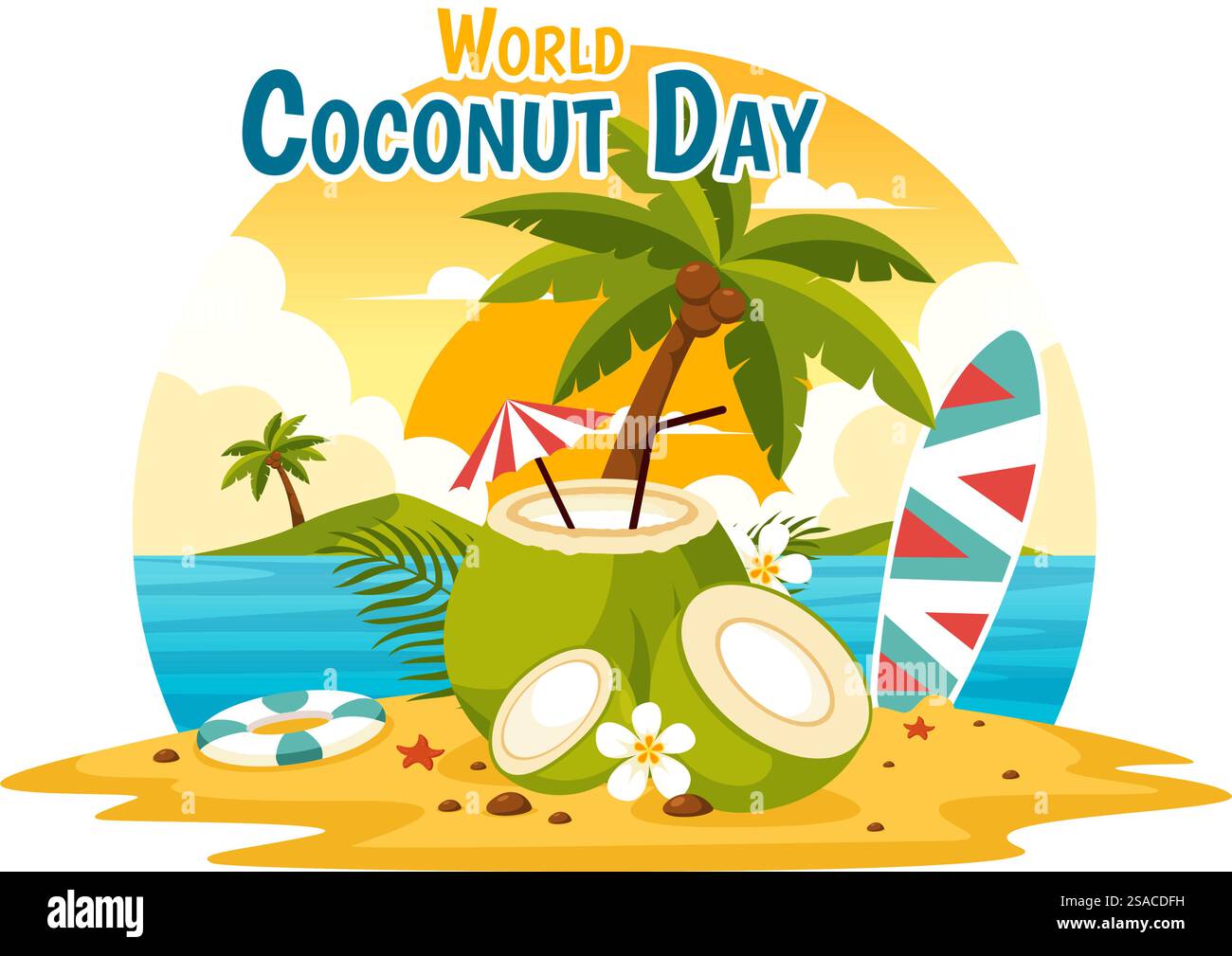 Illustration vectorielle de la Journée mondiale de la noix de coco le 2 septembre mettant en vedette des fleurs, des feuilles tropicales et un fond de plage dans un dessin animé de style plat Illustration de Vecteur Illustration vectorielle de la Journée mondiale de la noix de coco le 2 septembre mettant en vedette des fleurs, des feuilles tropicales et un fond de plage dans un dessin animé de style plat Illustration de Vecteur