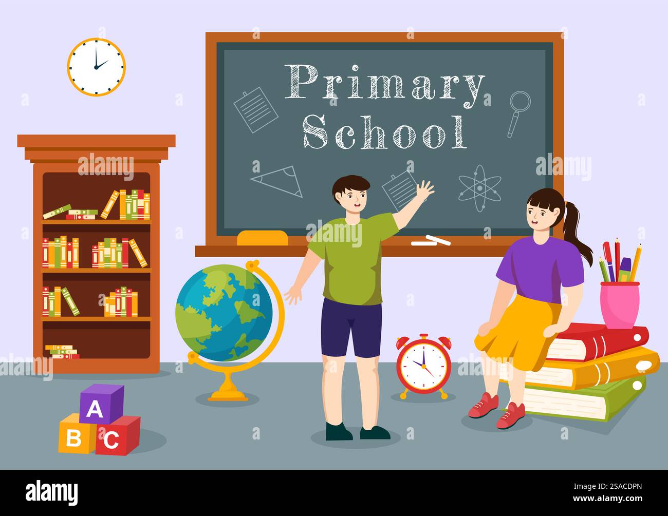 Illustration vectorielle de l'école primaire des élèves enfants et bâtiment de l'école avec le concept de l'apprentissage et de la connaissance dans le fond plat de dessin animé Illustration de Vecteur
